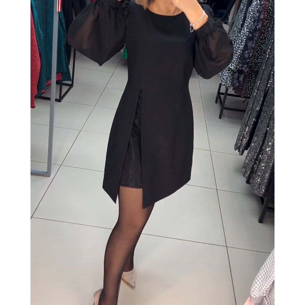 Sheer Lantern Sleeve Crew Neck Wrap Slit Mini Dress - View 4