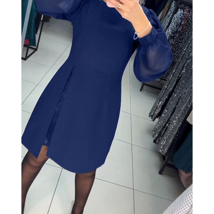 Sheer Lantern Sleeve Crew Neck Wrap Slit Mini Dress - View 8