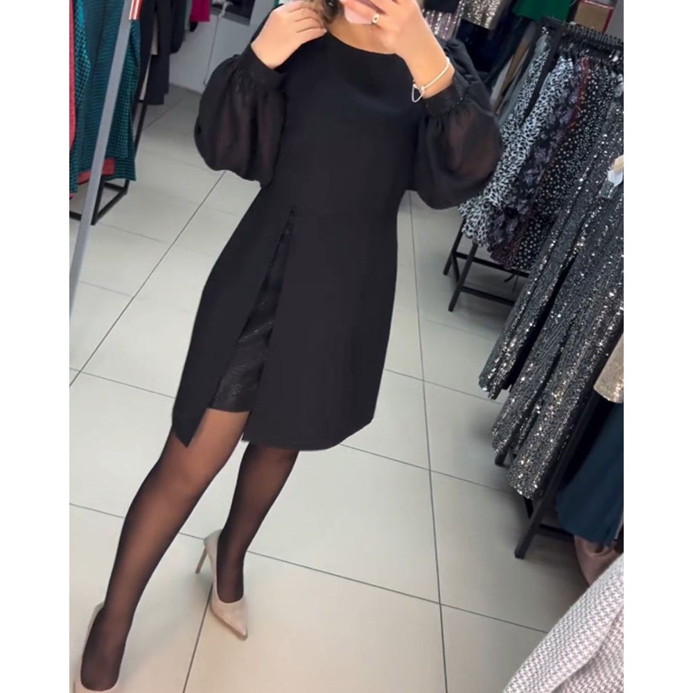 Sheer Lantern Sleeve Crew Neck Wrap Slit Mini Dress - View 2