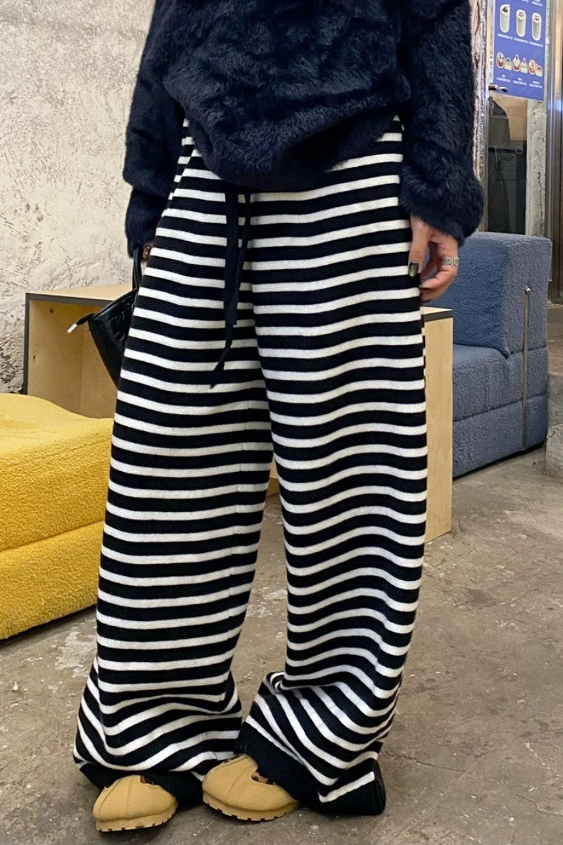 Striped Knitted Fleece High Waist Wide Leg Pants