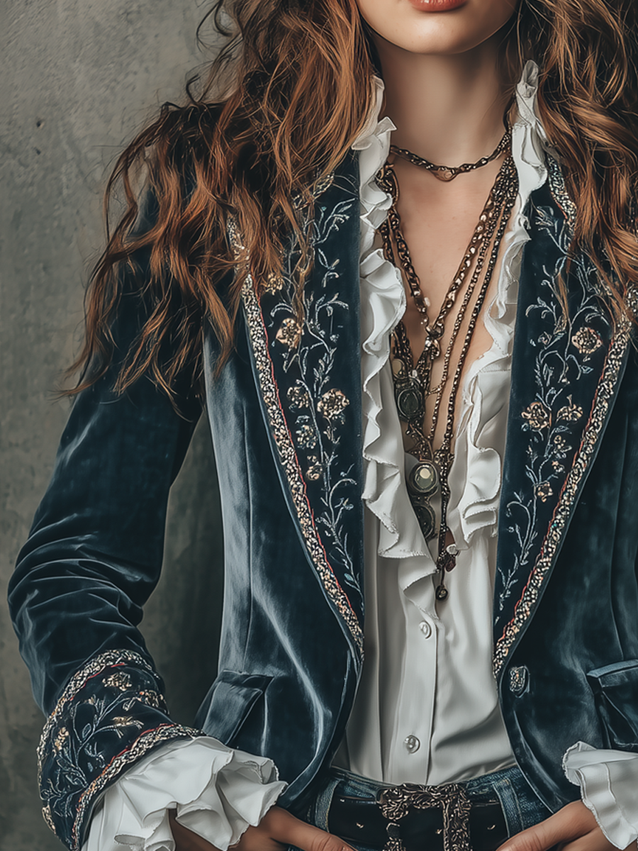 Floral Embroidered Ruffle Cuff Velvet Blazer 3
