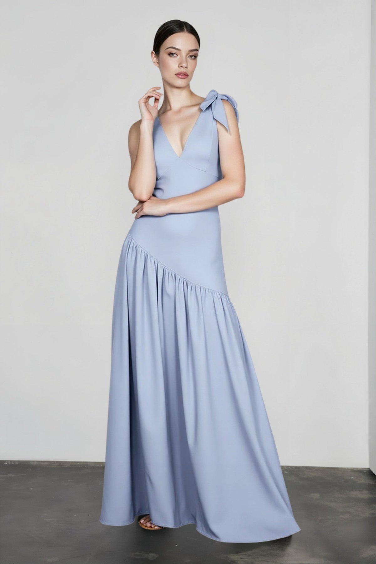 V-Neck Bow Strap Gathered Asymmetric Drop Waist Maxi Gown - View 5