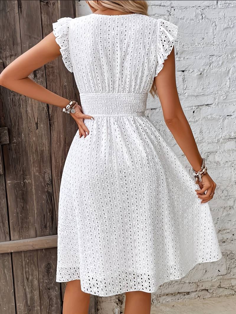 Eyelet Lace Wrap V-Neck Flutter Strap Smocked Waist A-Line Midi Dress - View 5