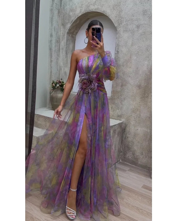 One Shoulder Puff Sleeve Rose Applique High Split Organza Formal Gown