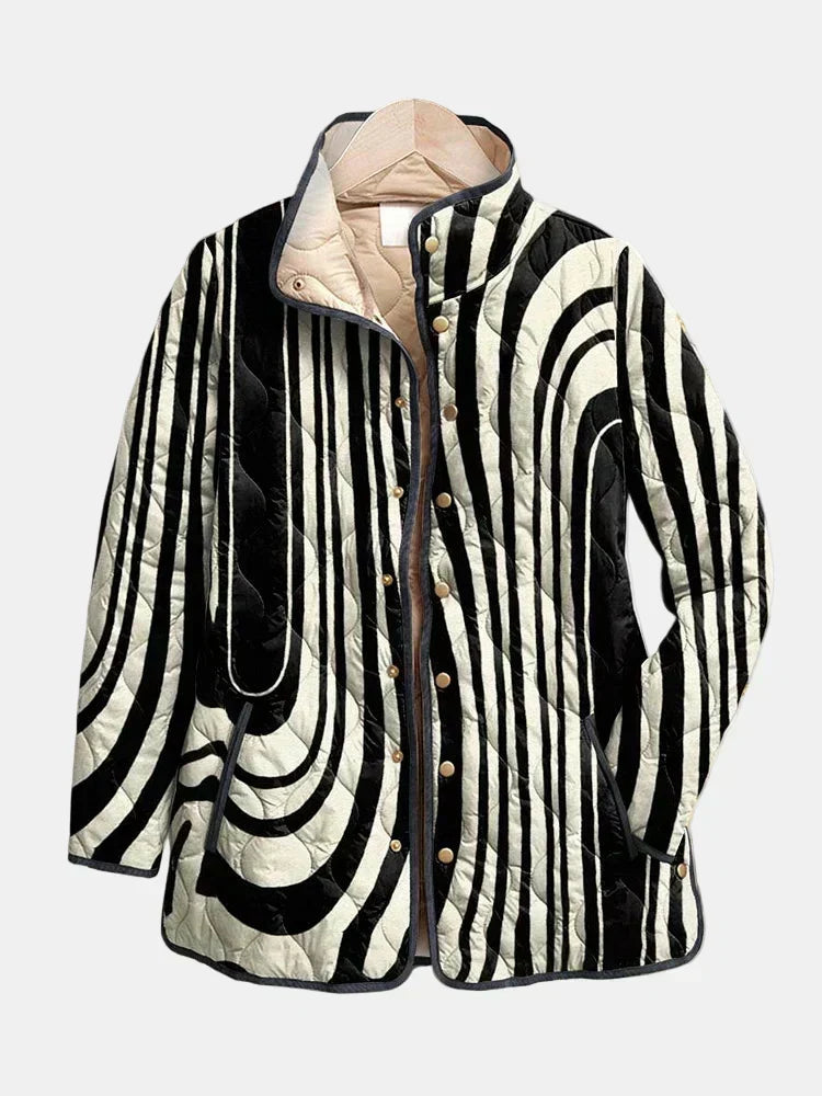 Zebra Stripe Stand Collar Quilted Button Front Jacket 2