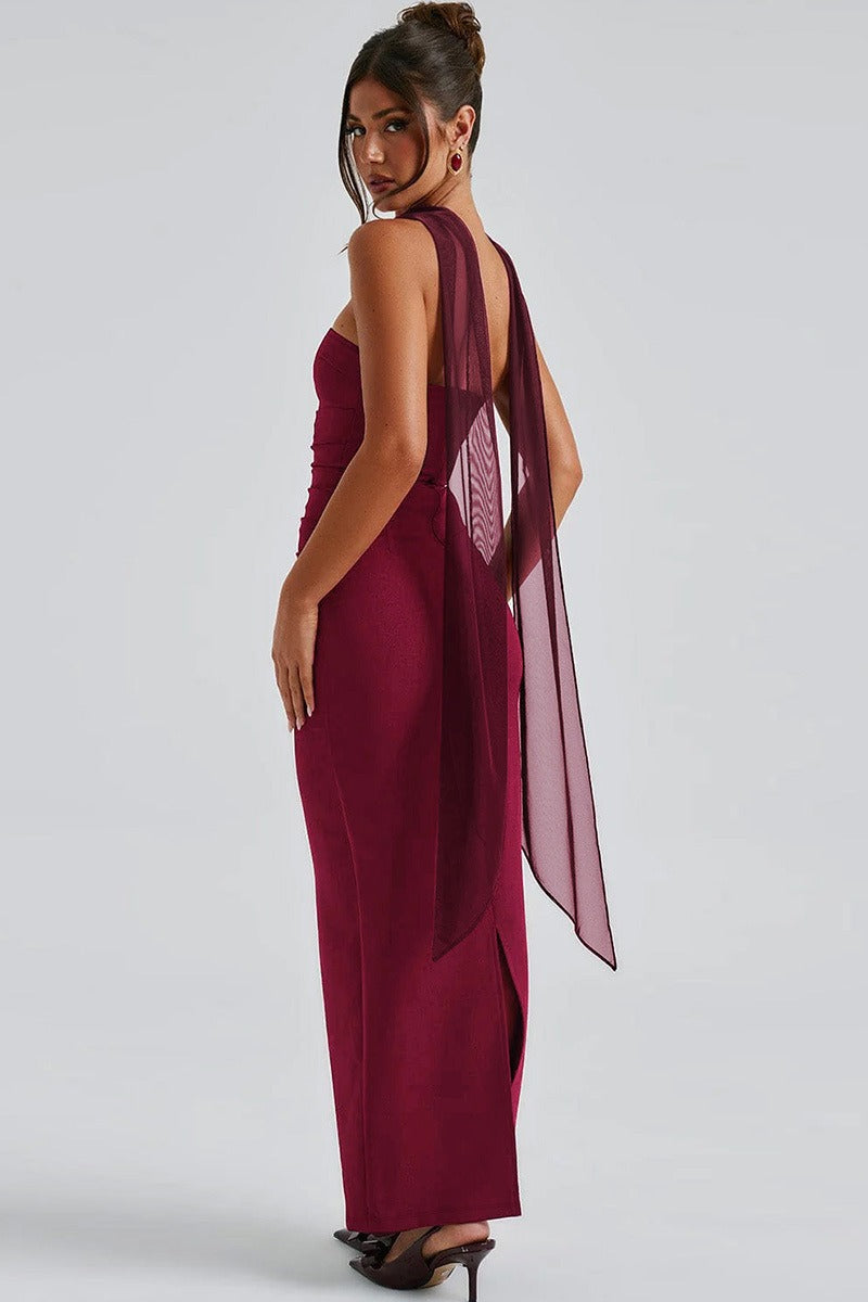 Strapless Choker Neck Ruched Sheer Glove Bodycon Maxi Dress - View 8