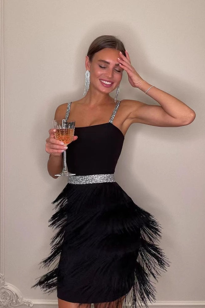 Spaghetti Strap Square Neck Rhinestone Waist Mini Cocktail Dress - View 2