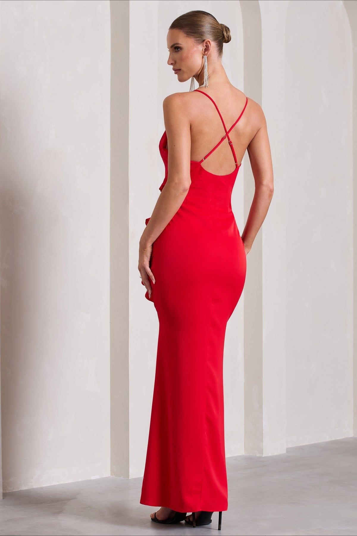 Spaghetti Strap Deep V-Neck Ruffle High Split Maxi Party Dress - View 4