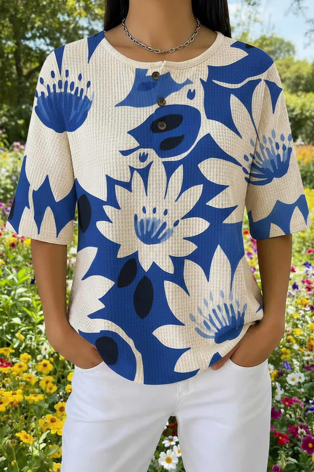 Floral Print Button Neck Short Sleeve Waffle Knit Top