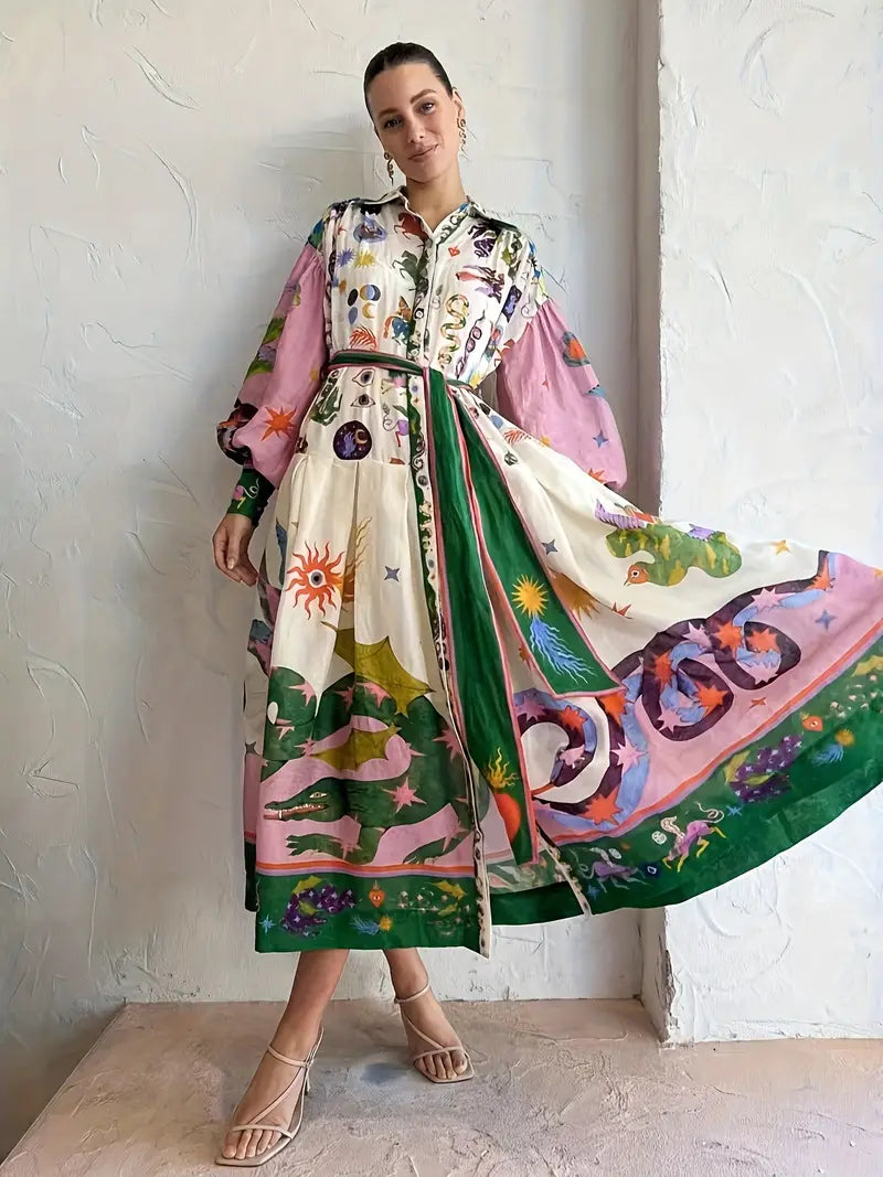 Collar Button Front Balloon Sleeve Tie Waist Printed Maxi Summer Dress