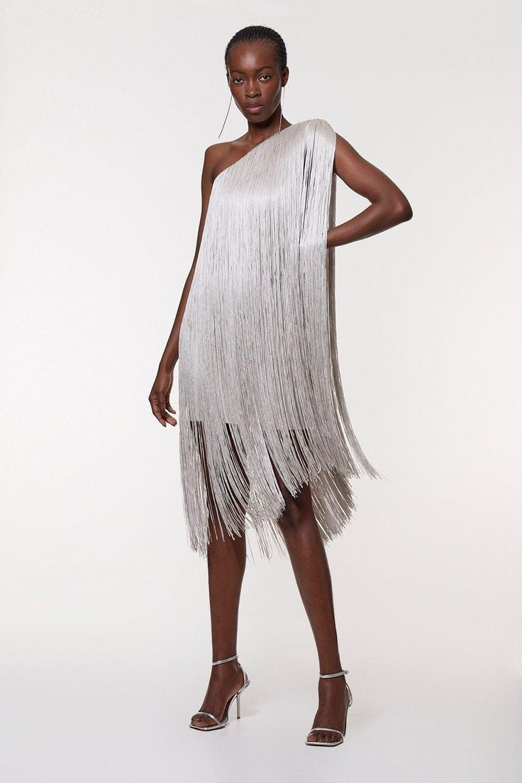 One Shoulder Fringe Overlay Bodycon Mini Cocktail Dress - View 3