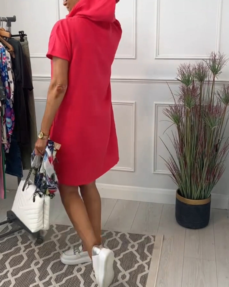 Hooded Drawstring Short Sleeve Knee Length Shift Dress 4