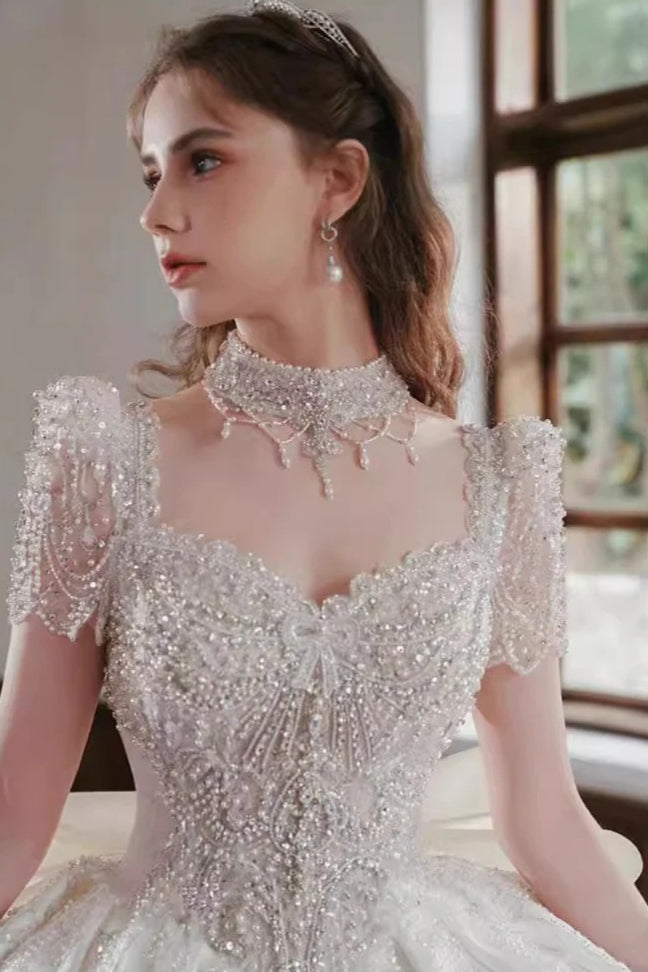 Sequin Beaded Mock Neck Puff Sleeve Cathedral Train Ball Gown - View 2