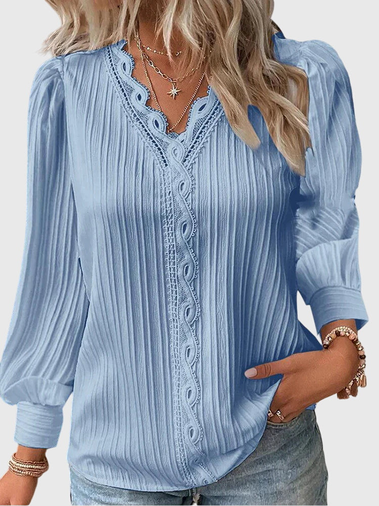 V-Neck Long Sleeve Lace Trim Pleated Blouse 5