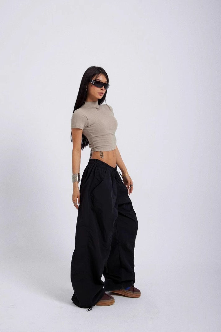Embroidered Parachute Cargo Straight-Leg Cargo Pants