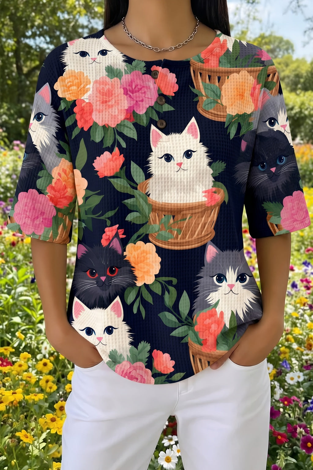 Cat and Floral Print Waffle Knit Short Sleeve Henley Top