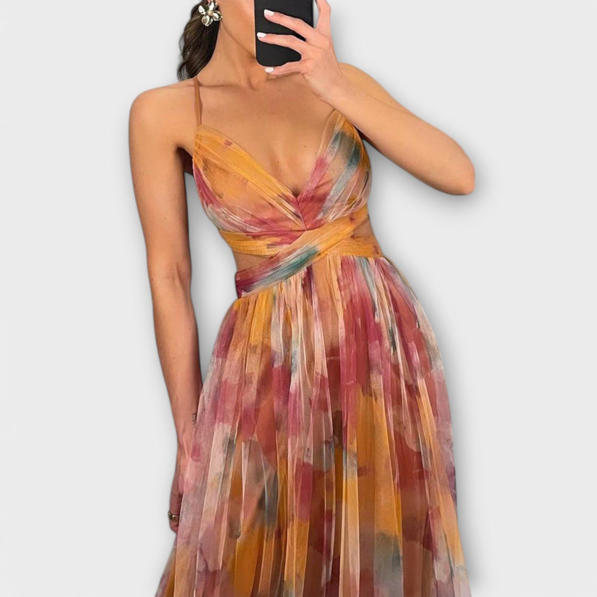 Strapless Sweetheart Floral Print High Split Tulle Maxi Gown 5