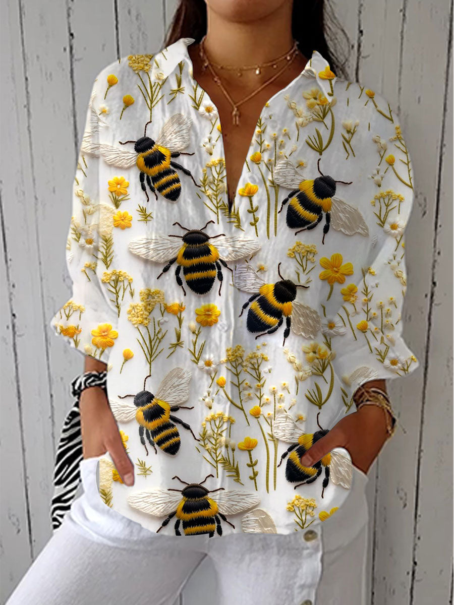 Bee Print Collared Button Front Blouse 2
