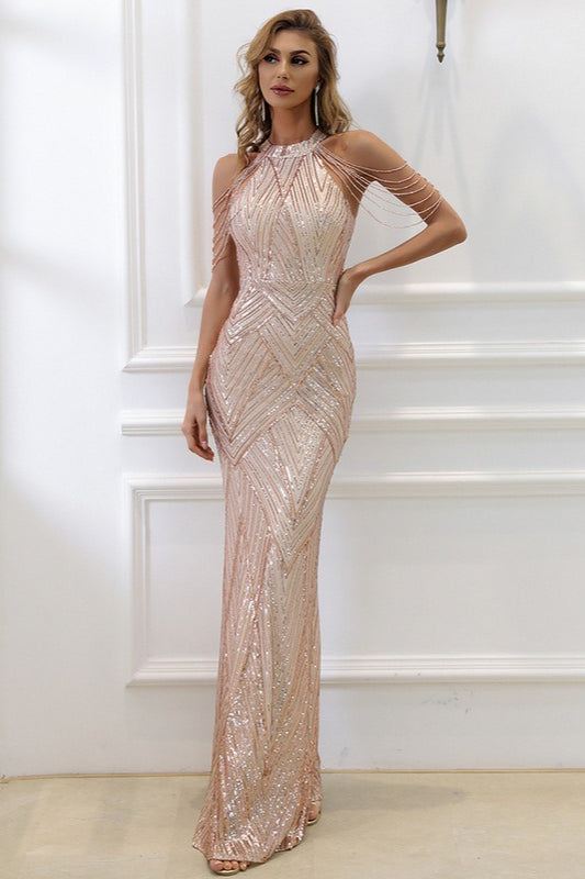 Sequin Halter Neck Beaded Fringe Mermaid Gown - View 21