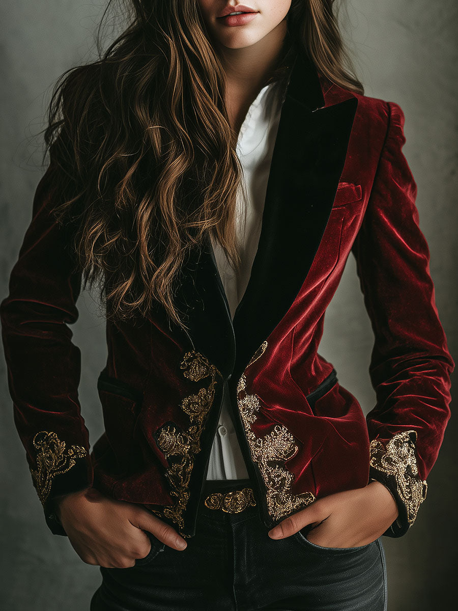 Embroidered Velvet Peak Lapel Single Button Blazer