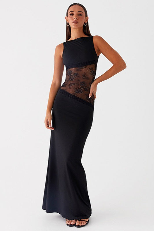 Backless Lace Sheer Mesh Satin Dress