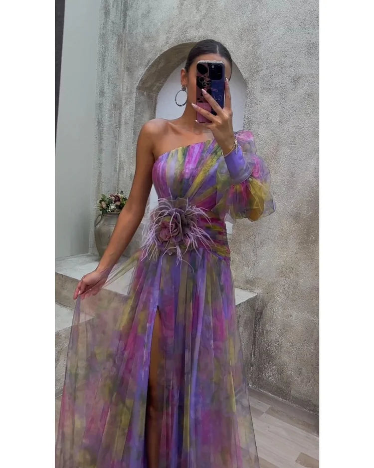 One Shoulder Puff Sleeve Rose Applique High Split Organza Formal Gown - View 2