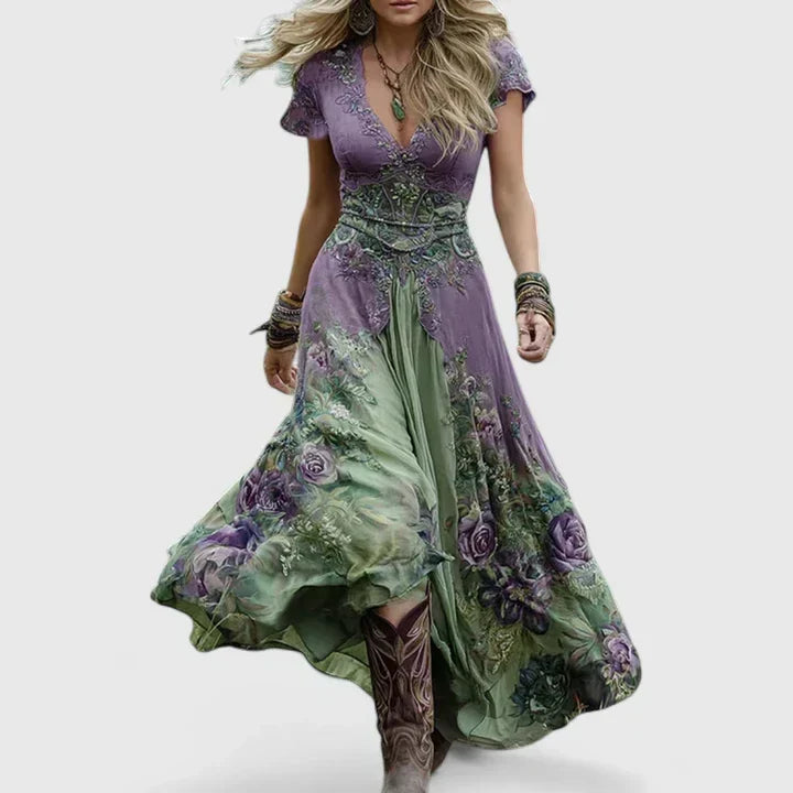V-Neck Short Sleeve Floral Embellished Waist Maxi Dress 2