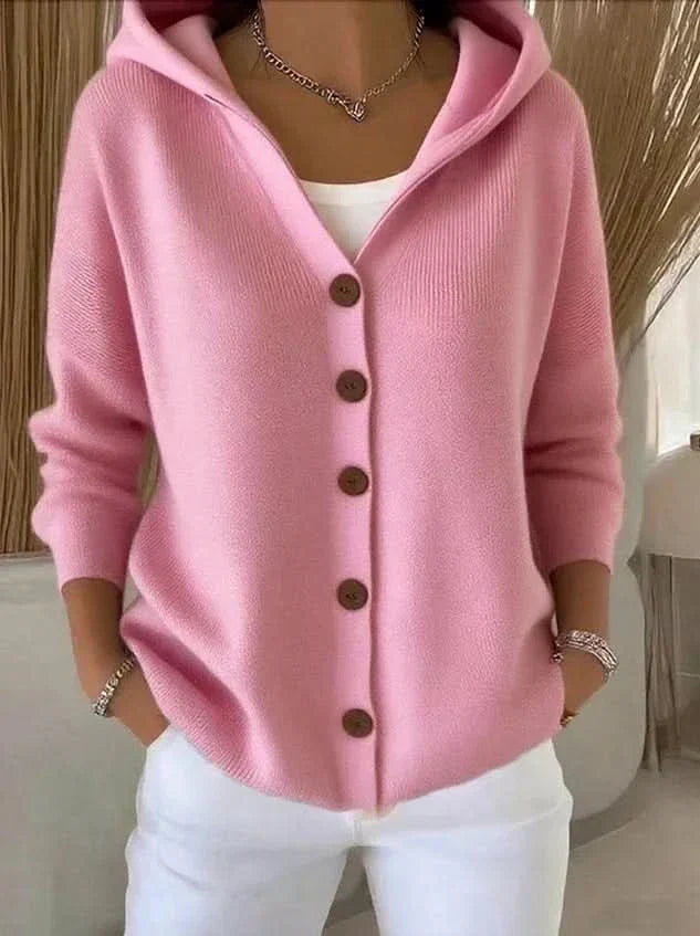 Hooded Button Front Long Sleeve Knit Cardigan