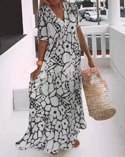 Floral Print V-Neck Short Sleeve Tiered Ruffle Maxi Summer Dress - View 4