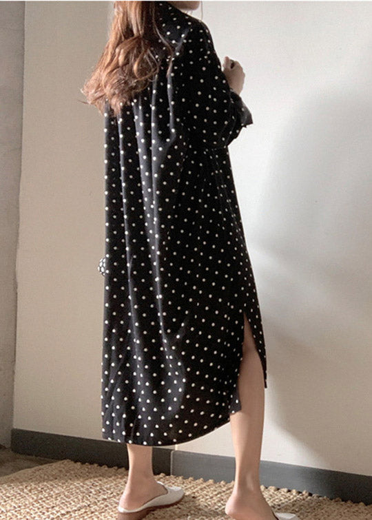 Polka Dot Shirt Collar Long Sleeve Side Slit Midi Shirt Dress - View 4