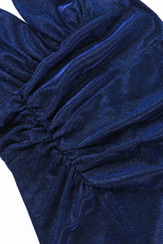 Glitter Halter Deep V-Neck Ruched High Split Maxi Gown - View 9