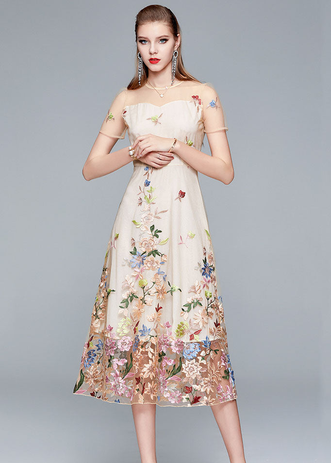 Floral Embroidered Mesh Illusion Neck Short Sleeve Midi Dress - View 5