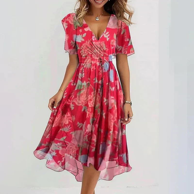 Watercolor Floral V-Neck Short Sleeve High Low Midi Dress 5