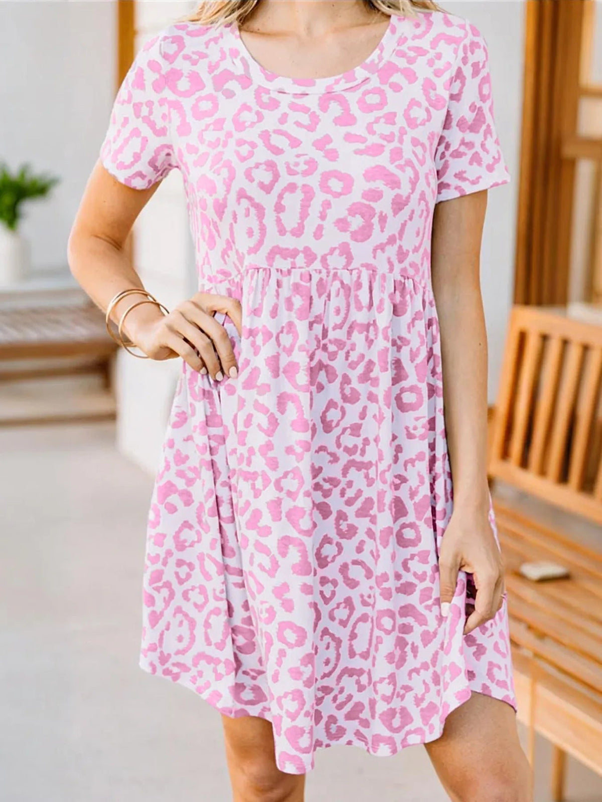 Leopard Print Short Sleeve Mini Dress