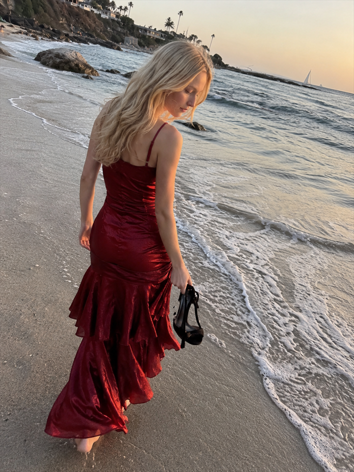 Satin Strappy Ruffle Tiered Mermaid Maxi Dress 2