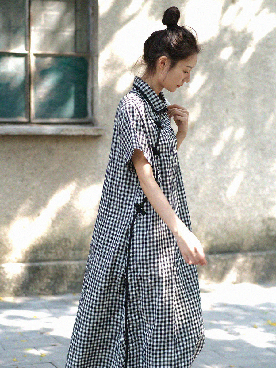 Gingham Check Mandarin Collar Frog Button Short Sleeve Maxi Dress - View 6