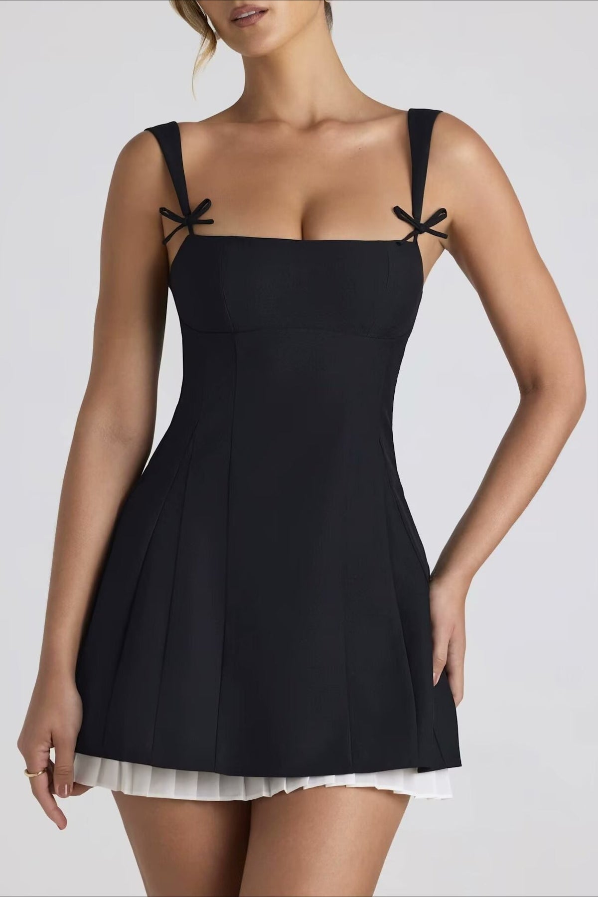 Square Neck Bow Strap Pleated Fit and Flare Mini Dress 2