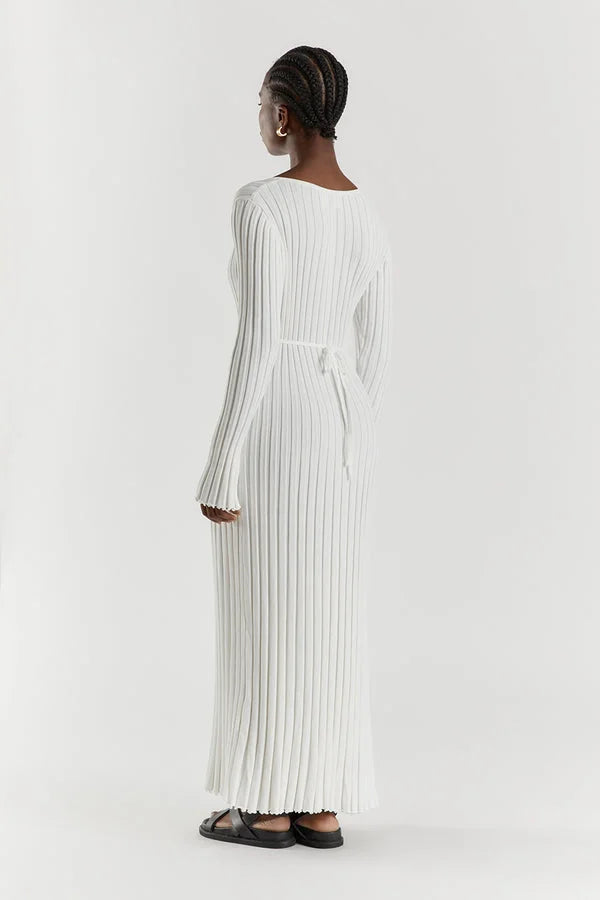 Rib Knit V-Neck Lettuce Hem Long Sleeve Bodycon Maxi Dress - View 4