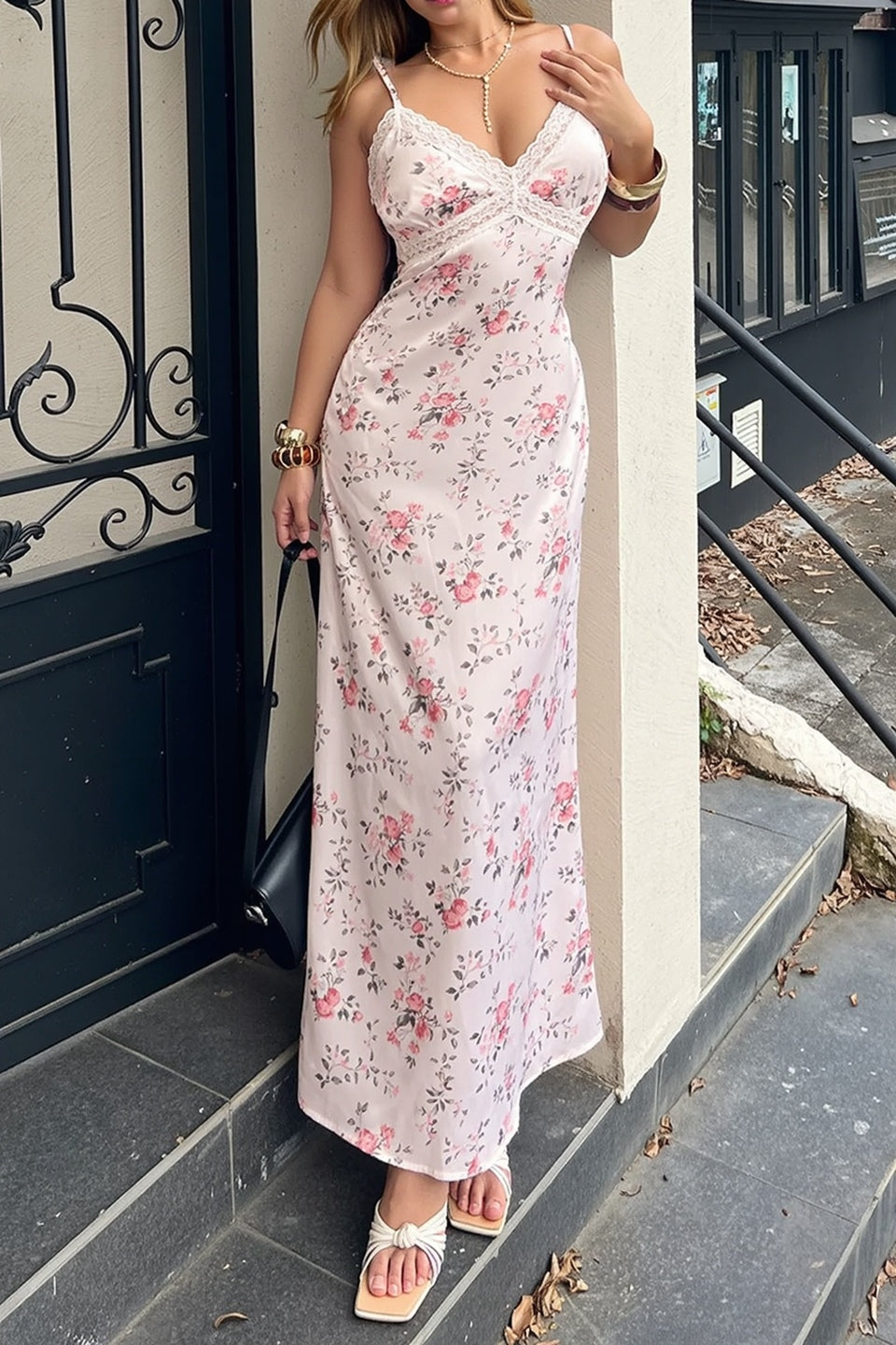 Floral Spaghetti Strap V-Neck Lace Trim Slip Midi Dress - View 3