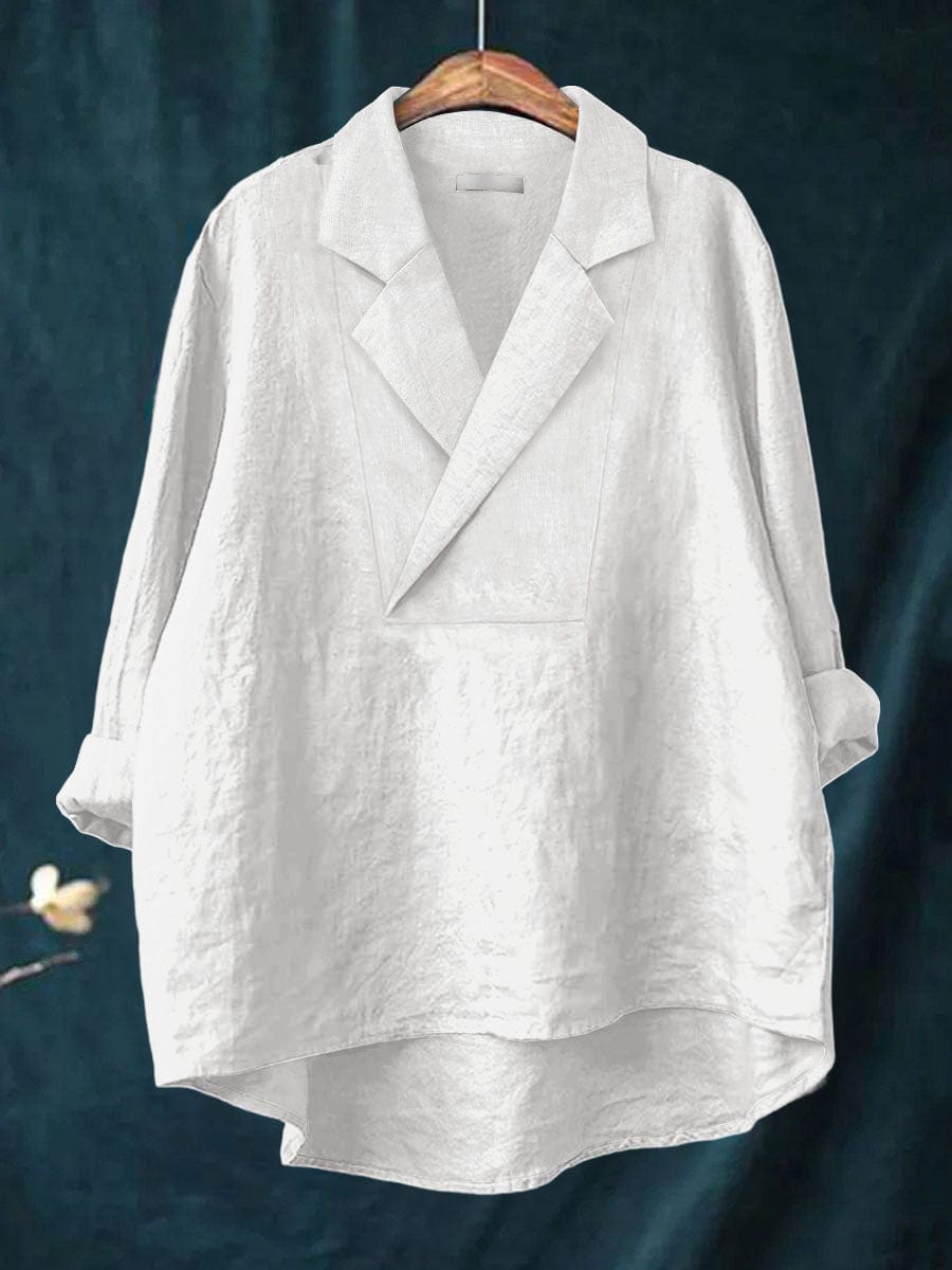Notch Lapel V-Neck Long Sleeve Linen Look Blouse 4