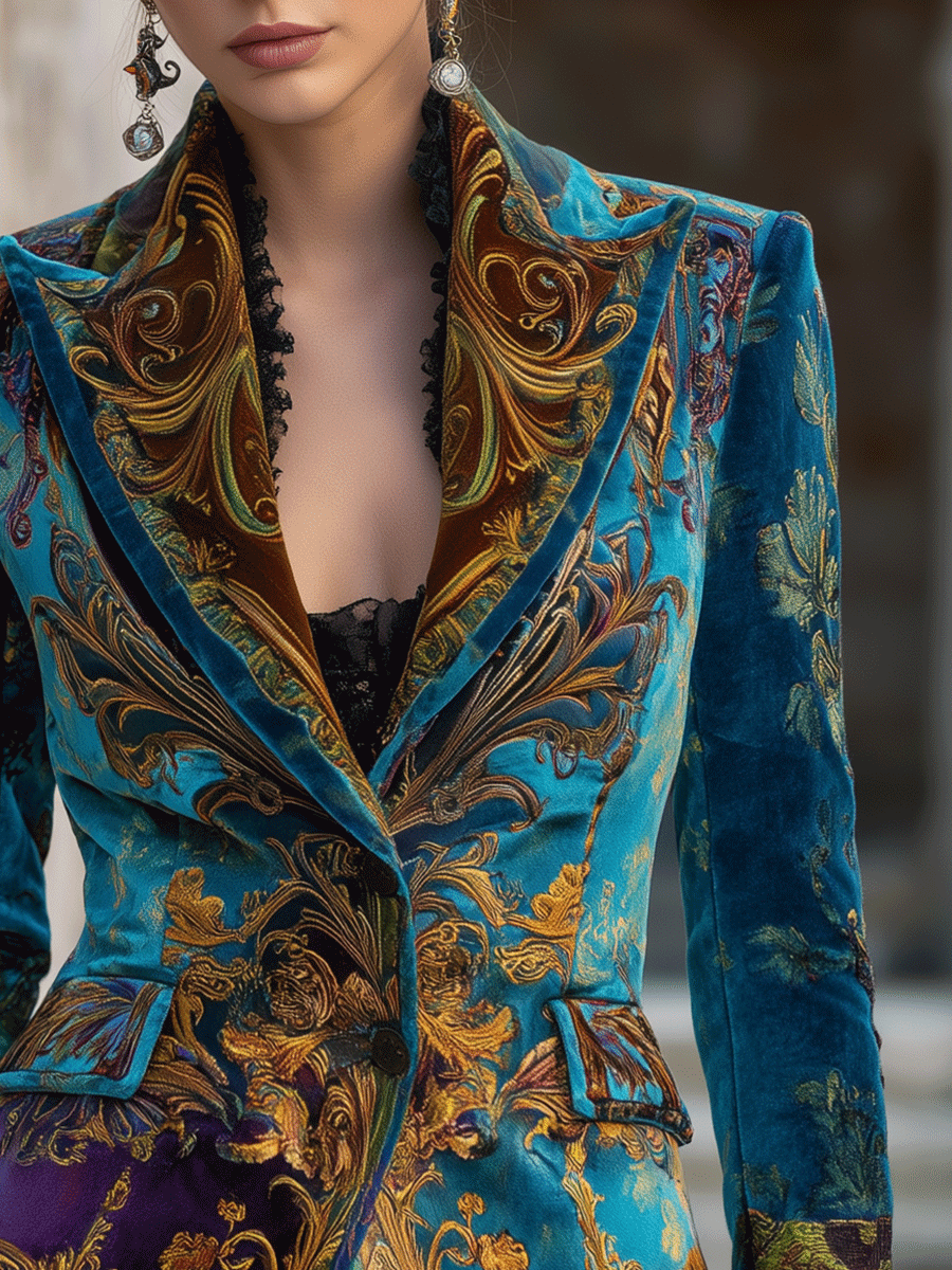 Baroque Print Velvet Peak Lapel Single Button Blazer 3