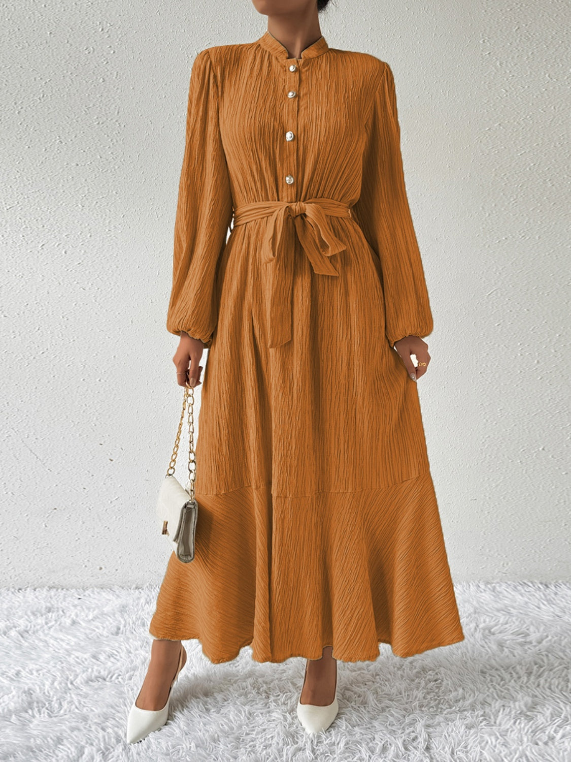 Plisse Mandarin Collar Button Front Bishop Sleeve Tie Waist Tiered Maxi Dress - View 2