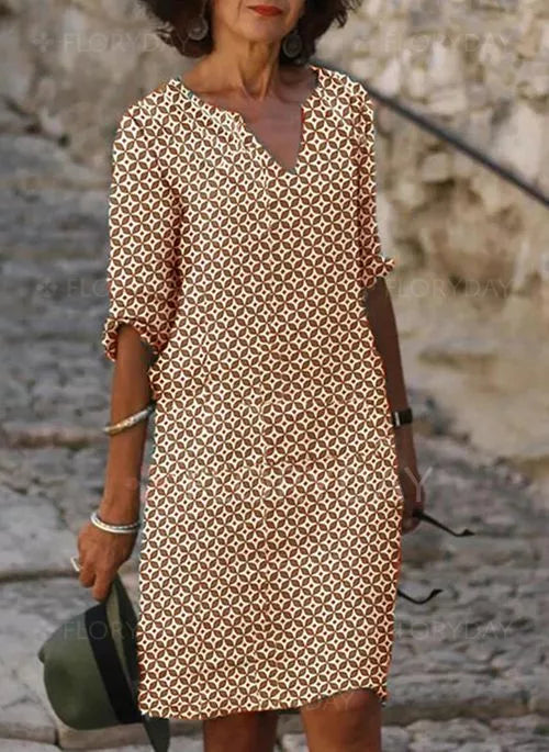 Geometric Print V-Neck Three Quarter Sleeve Shift Knee Dress - View 4