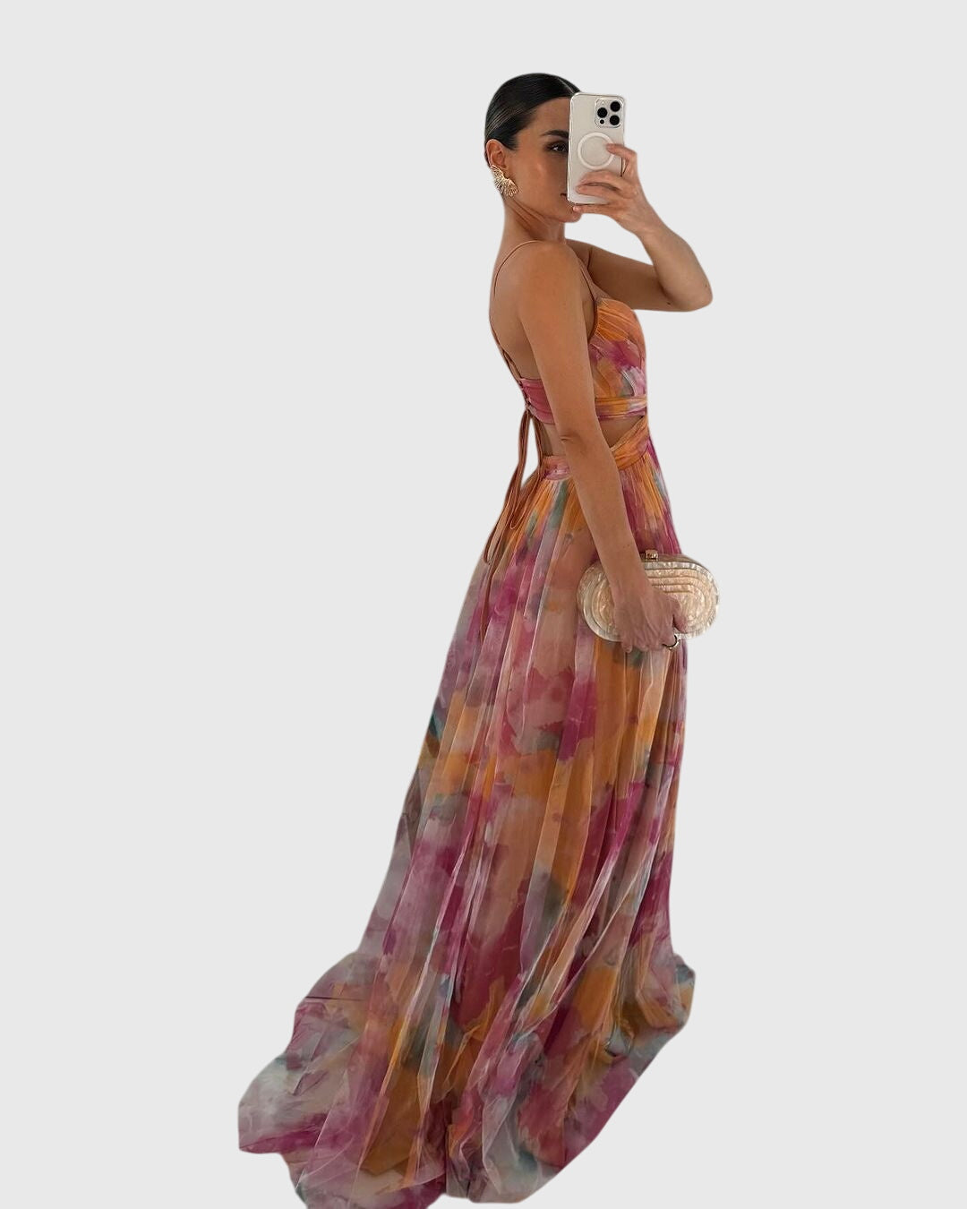 Floral V-Neck Spaghetti Strap Tulle High Split Maxi Gown 3