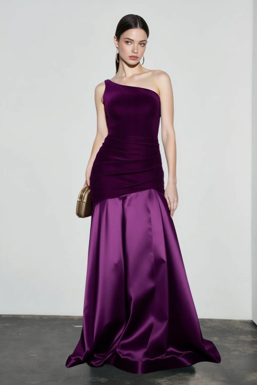 One Shoulder Velvet Satin A-Line Formal Gown - View 7