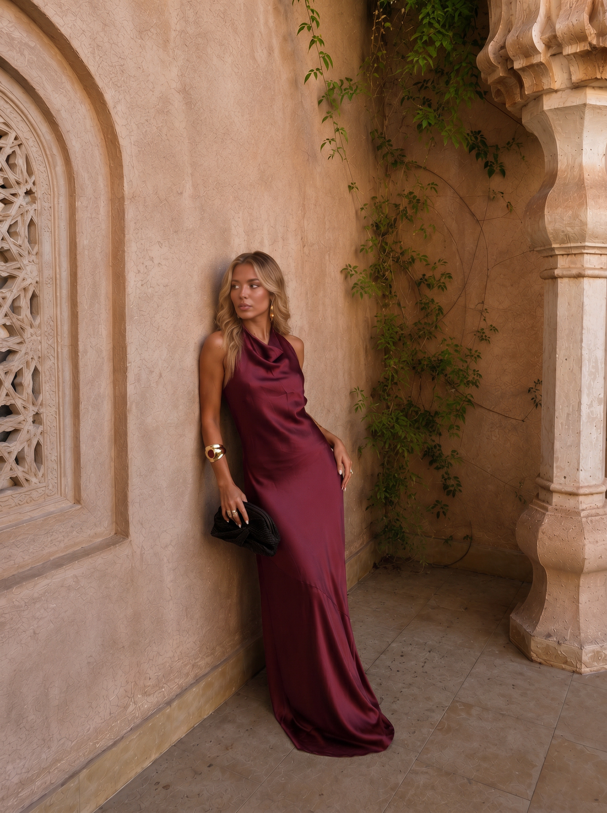 Cowl Halter Neck Satin Mermaid Maxi Dress