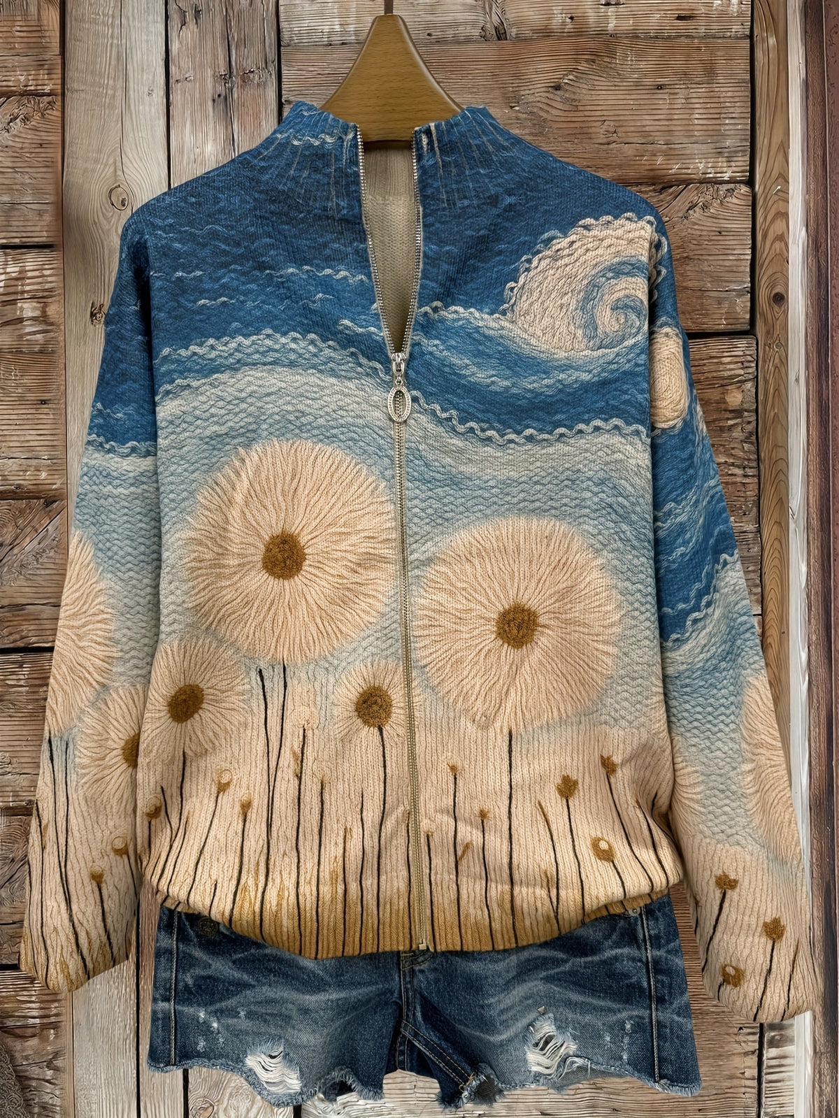 Sunflower Print Zip Front Mock Neck Knit Cardigan 2