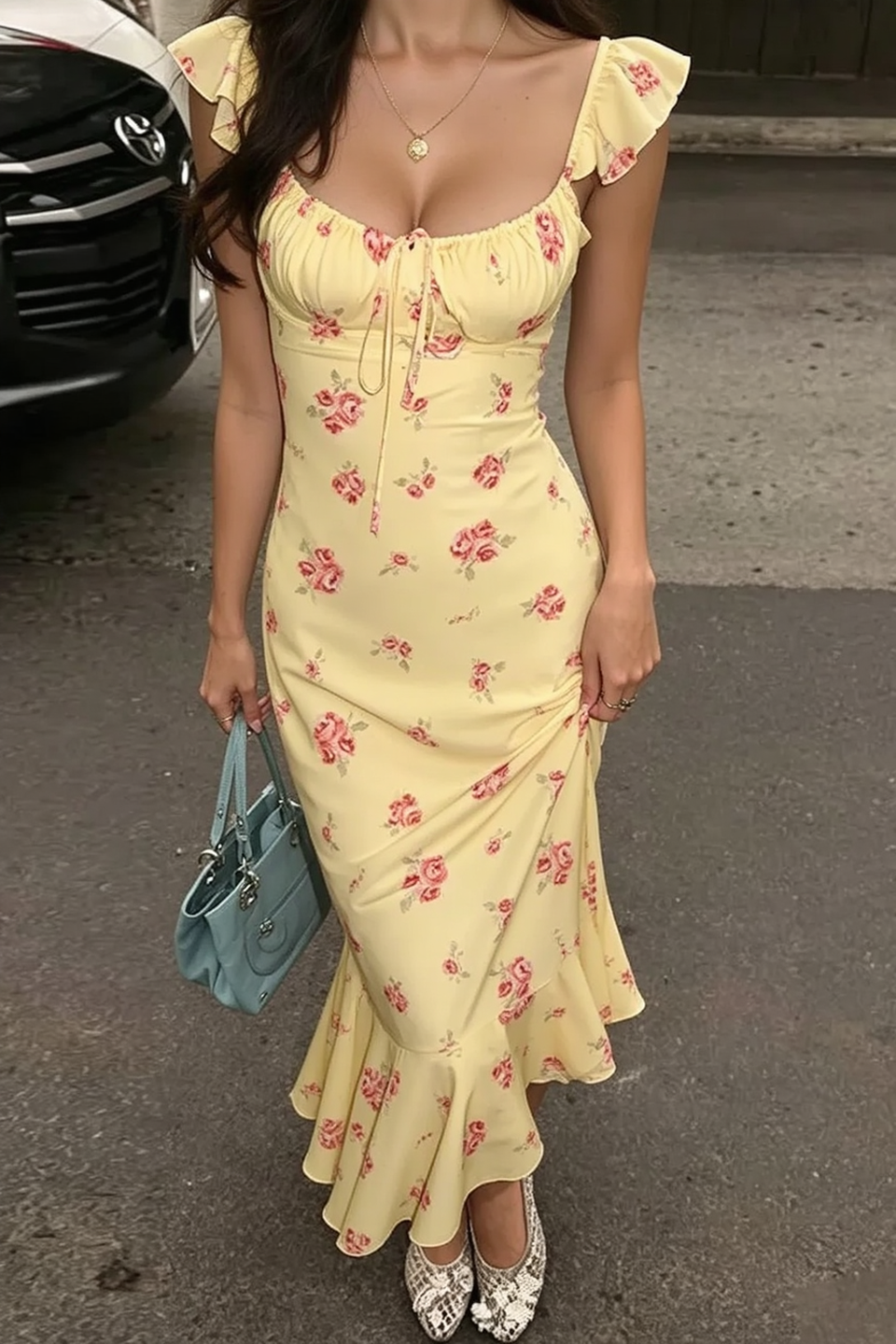 Rose Floral Ruffle Strap Tie Front Fishtail Hem Slip Midi Dress 5