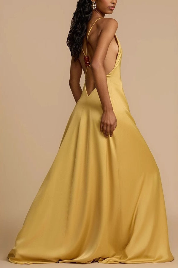 Satin Deep V Backless Maxi Silk Dress - View 2