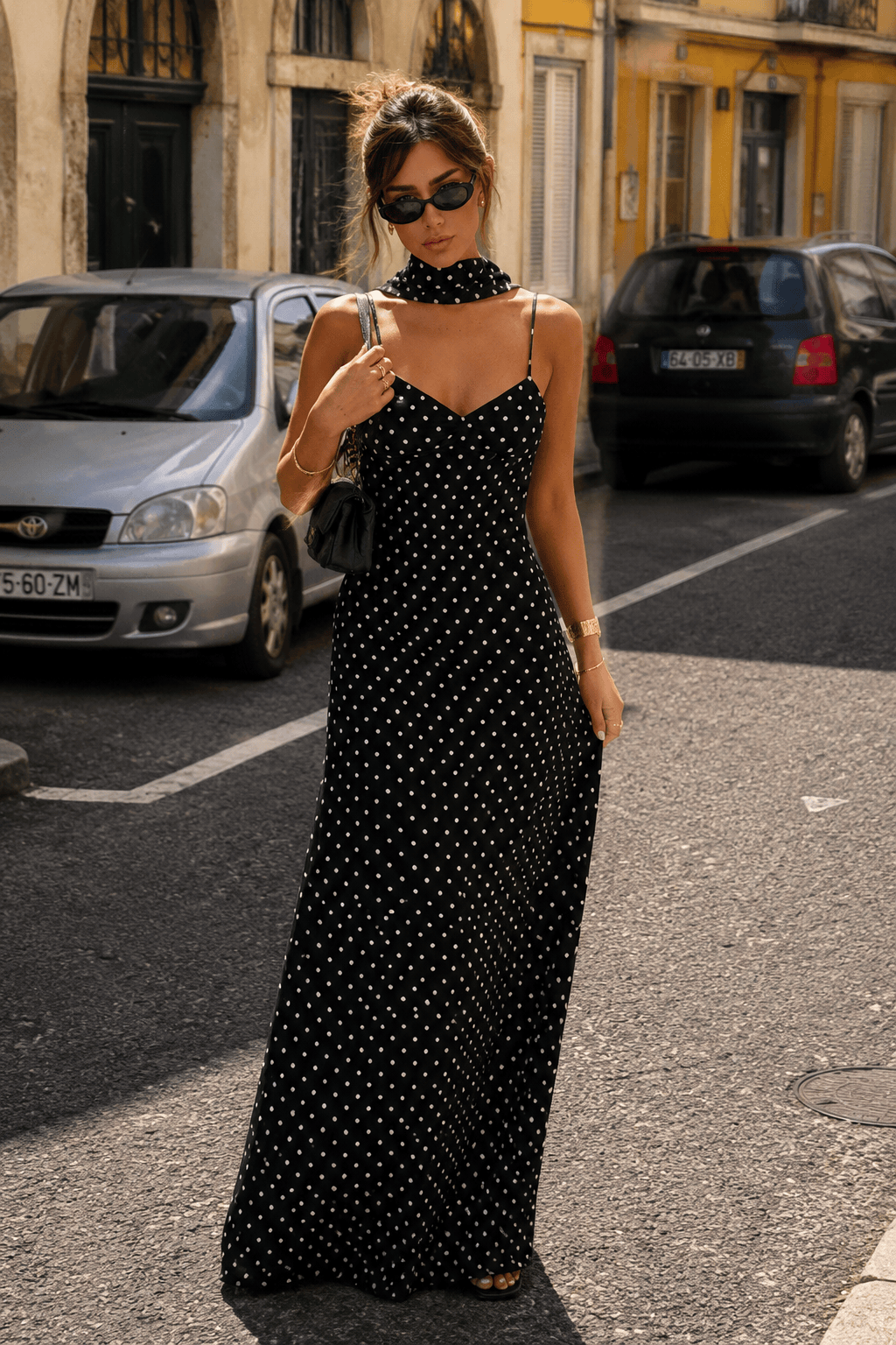 Polka Dot Spaghetti Strap V-Neck Scarf Bias Maxi Dress